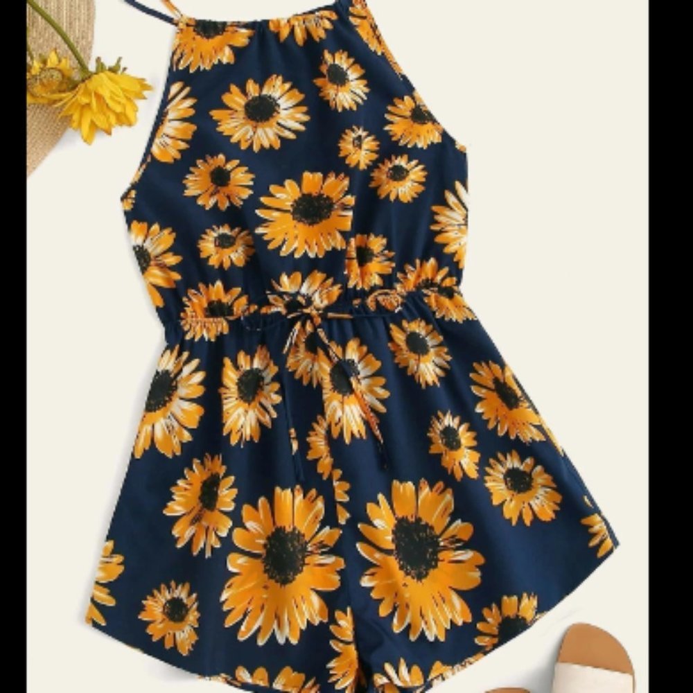 Women's Plus Sunflower Tie Waist Blue Romper XL THROUGH 4XL